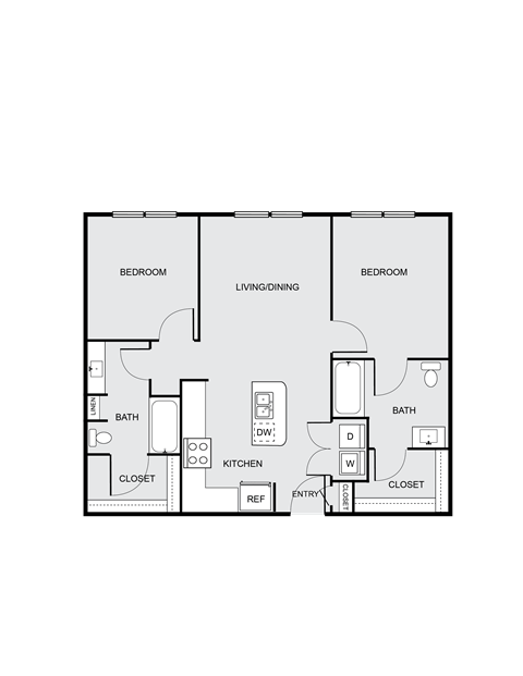 Floor plan for 2 beds, 2 baths, 1024 sqft